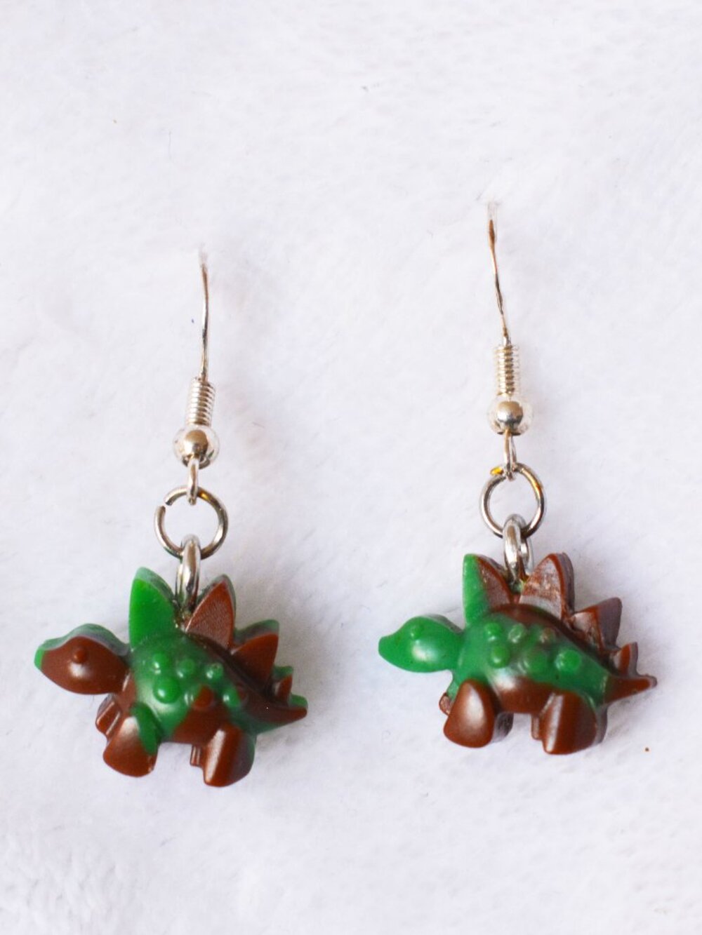 Handmade Green and Brown HDPE Stegosaurus Dangle Earrings Recycled Jewelry